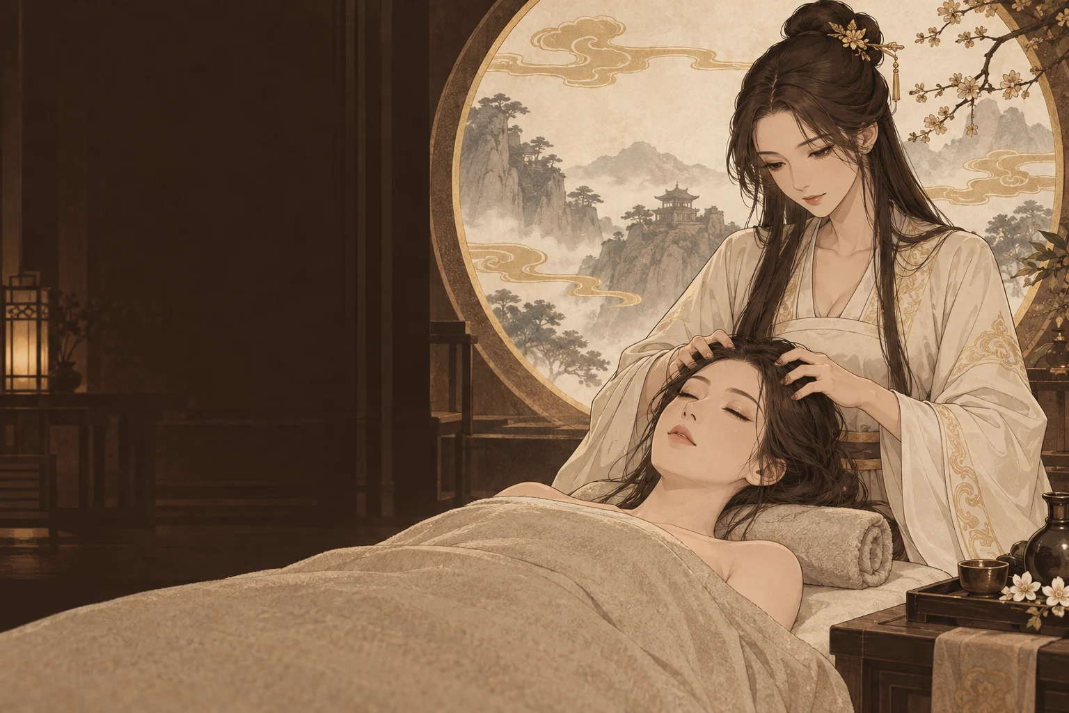 东方漫画仙子在云纹圆窗前为顾客按摩头部